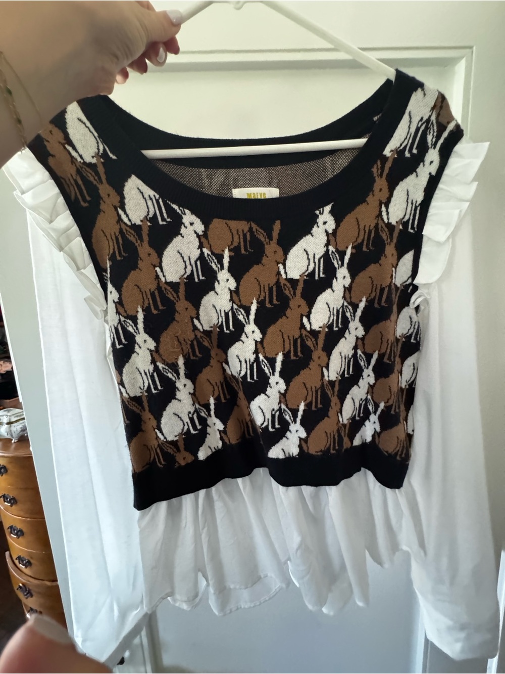 Anthropologie Top with Brown & White Hare Print and ruffle Sleeves